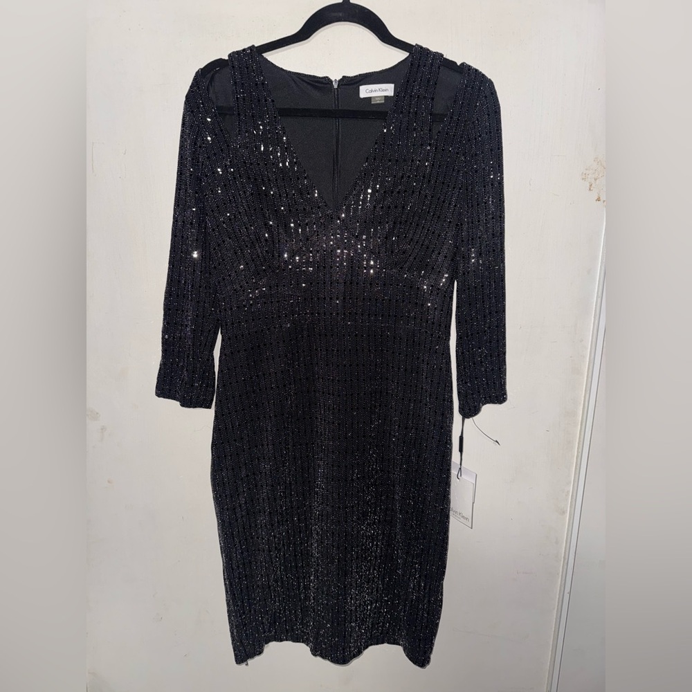 Calvin Klein Black Sequin V-Neck Long Sleeve Dress - Picture 6 of 11